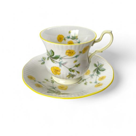 Vintage Teacup Saucer Queens Rosina Fine Bone China Ribbed Footed Yellow Flowers - Picture 3 of 11